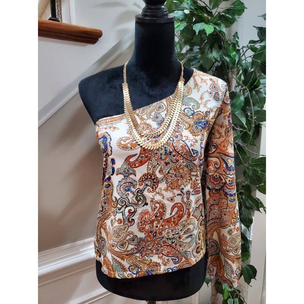 SHEIN Cream Paisley Print One Shoulder Long Lantern Sleeve Top Blouse Medium